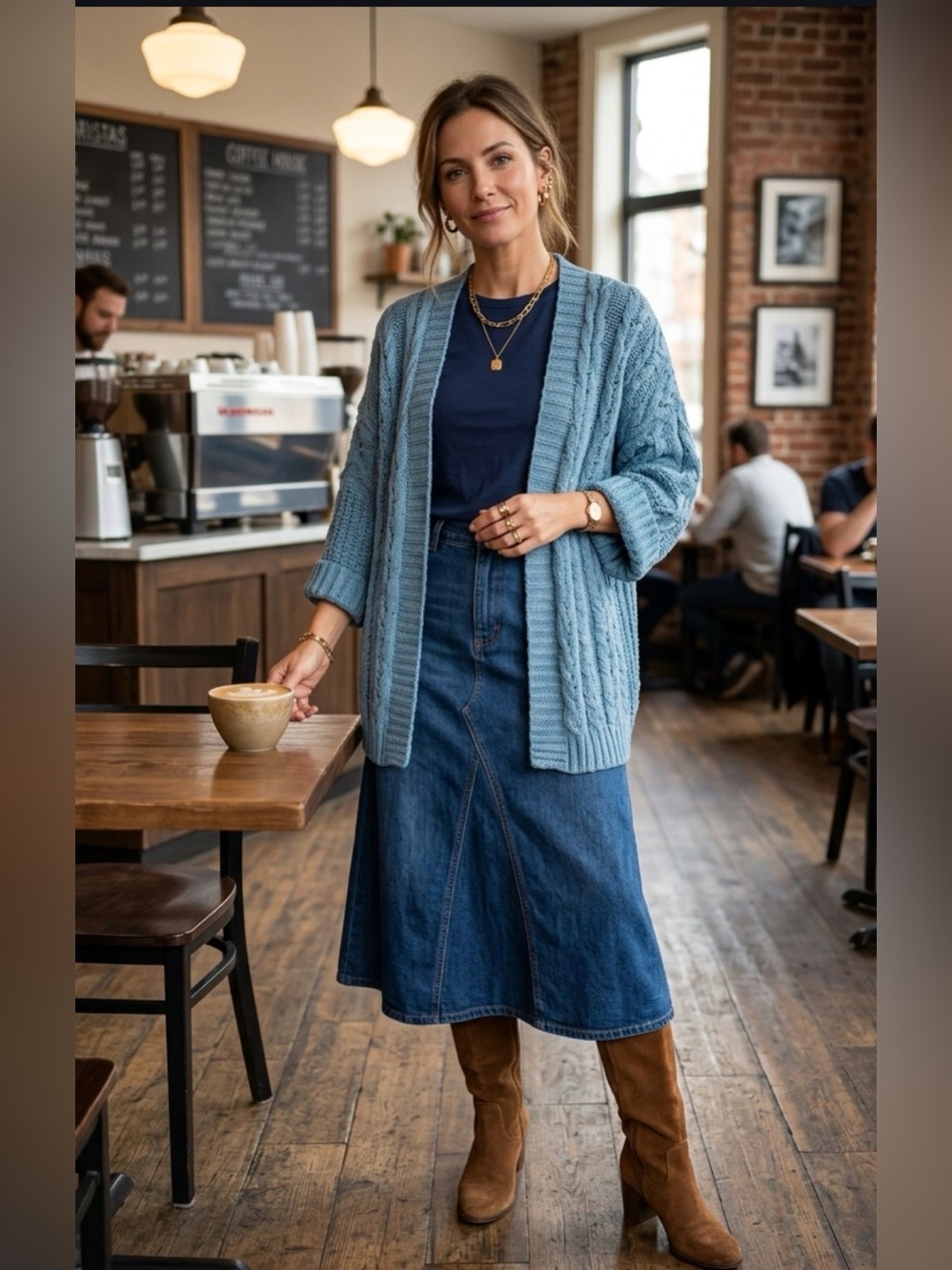 Umgee Women Blue Cable Knit Oversized Open Front Small 3/4 Sleeve Cardigan